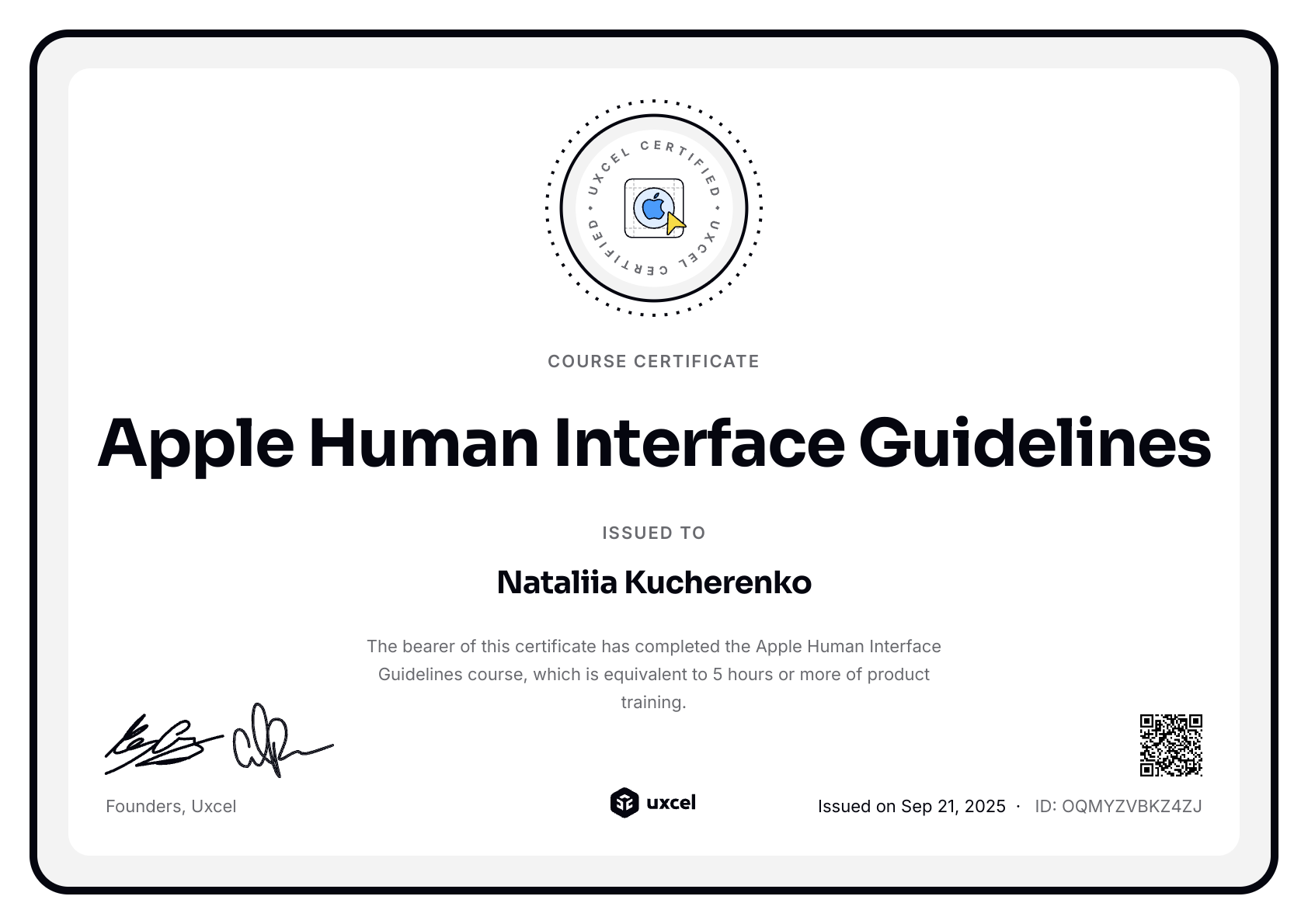 Nataliia Kucherenko's certificate